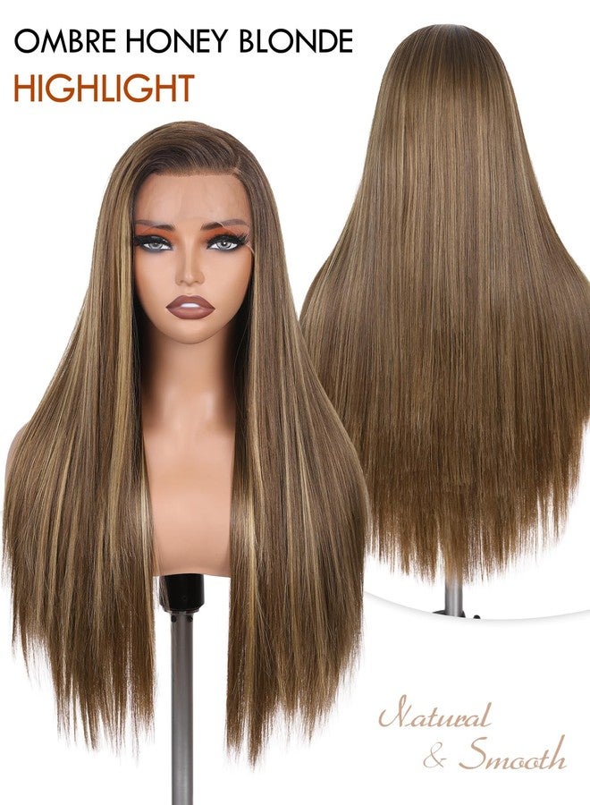 FAVE 13x4 Synthetic Lace Front Wig 26 Inch Honey Blonde Wig Highlight Pre-Plucked Hairline HD Lace Glueless Wigs for Women Natural Looking Straight Wig for Daily Part Free - Image 5